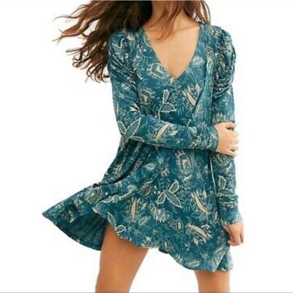 FREE PEOPLE Blue Floral Ruched Long Sleeve Mini Tunic Dress XS - Picture 7 of 14